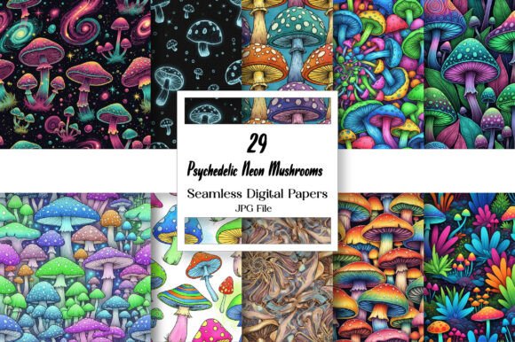 Download Psychedelic Neon Mushrooms Digital Paper - Digital paper Collection